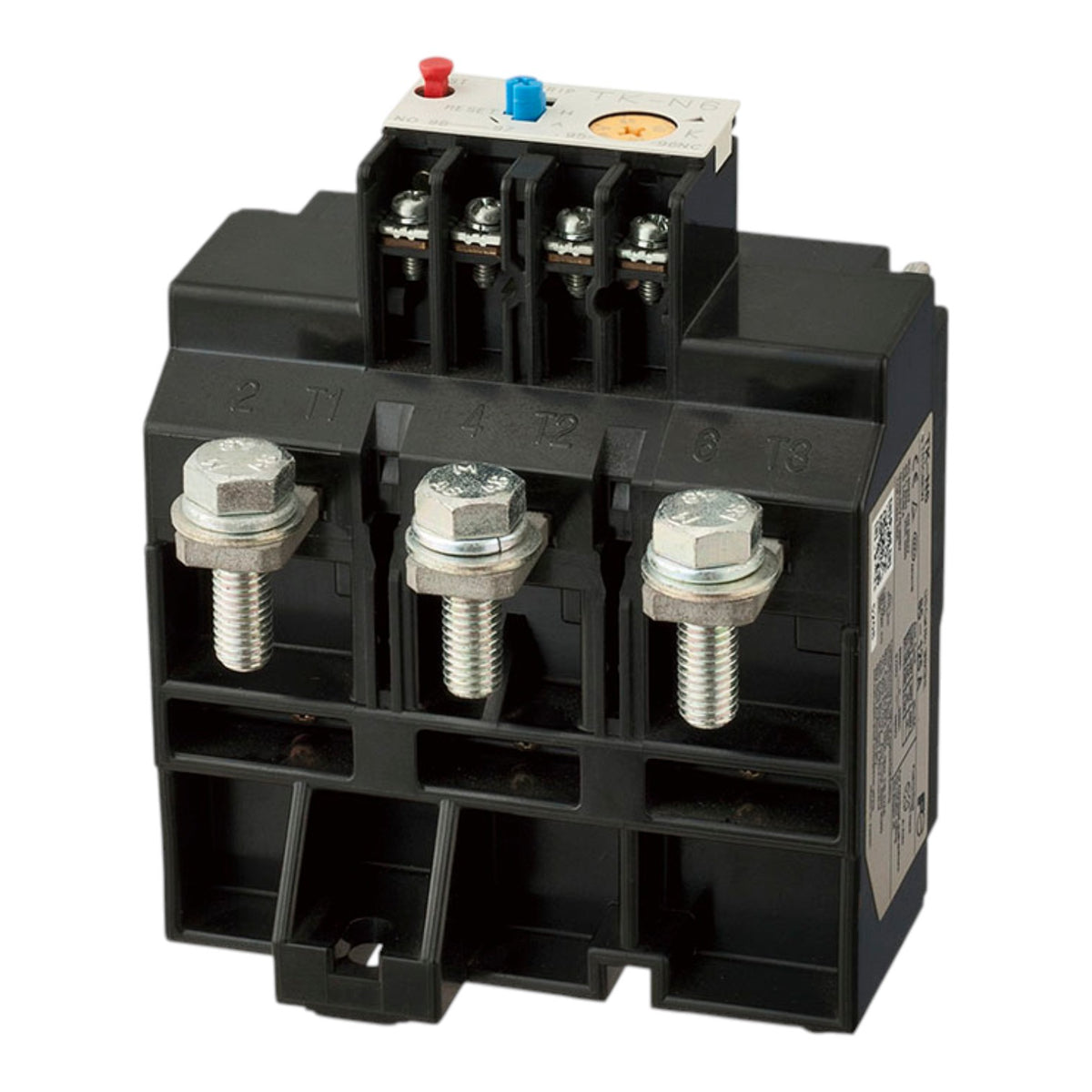A black plastic electrical contactor or relay component with three large silver terminal bolts, three smaller terminal connectors at the top, and colored red and blue buttons on a white background.