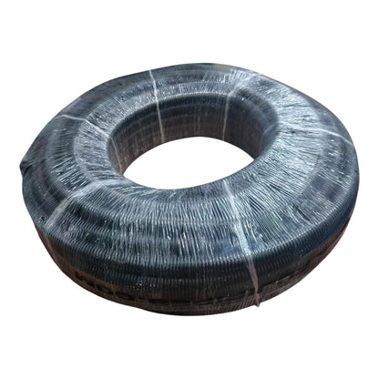 A large coil of black cable or wire wrapped in clear plastic, isolated on a white background.