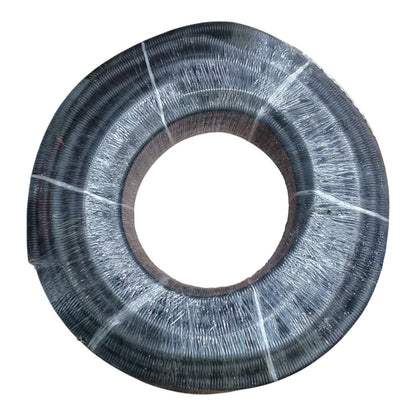 A thick, circular coil of dark gray metallic wire or cable, wound tightly around a central core, isolated on a solid white background.