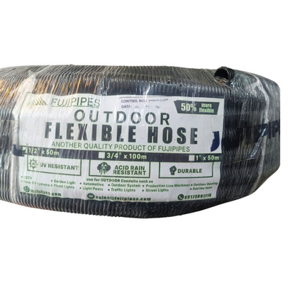A coiled black outdoor flexible hose wrapped in clear protective plastic with a large white product label. The label reads 'FUJIPIPES OUTDOOR FLEXIBLE HOSE' and shows specifications including 3/4 x 100m.