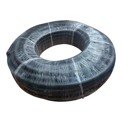 A large coil of black cable or wire wrapped in clear plastic, isolated on a white background.