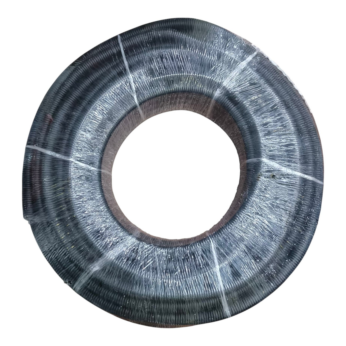 A thick, circular coil of dark gray metallic wire or cable, wound tightly around a central core, isolated on a solid white background.