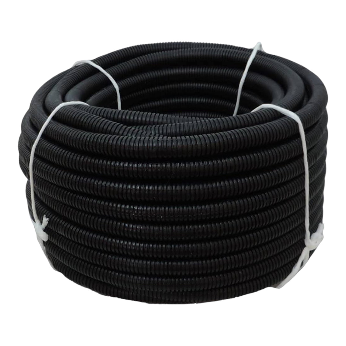 A coiled black corrugated electrical cable protective tube, secured with white ties, shown against a plain white background.