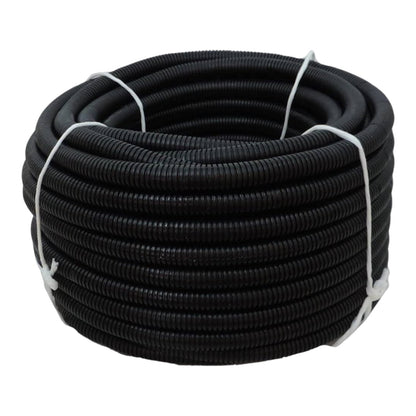 A coiled black corrugated electrical cable protective tube, secured with white ties, shown against a plain white background.