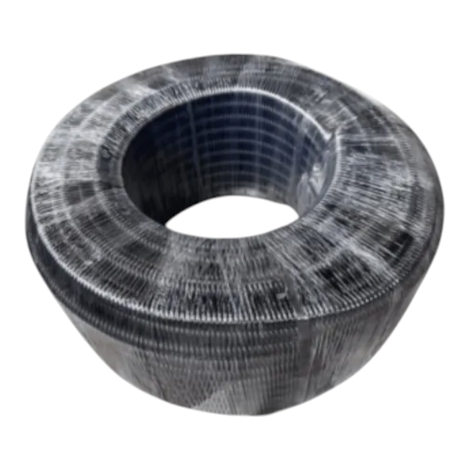 A large coiled roll of black textured material, likely reinforcing mesh or wire, isolated on a white background.