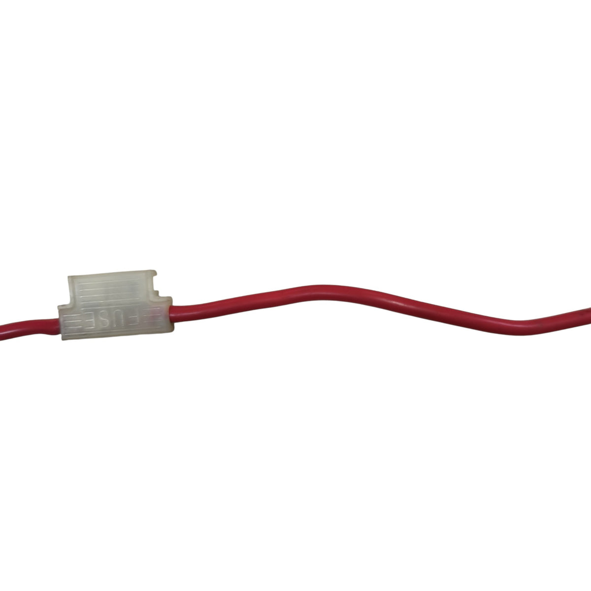 A close-up of a red cable with a small translucent white plastic connector on a plain white background.