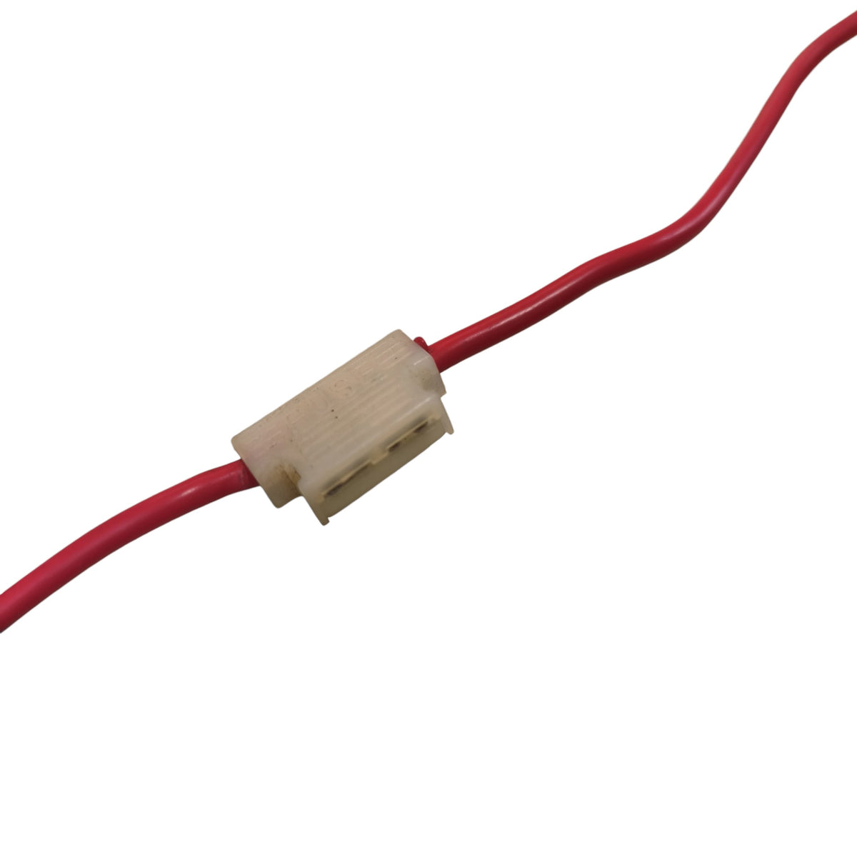 A close-up of a red electrical wire with a beige plastic connector sleeve on a plain white background.