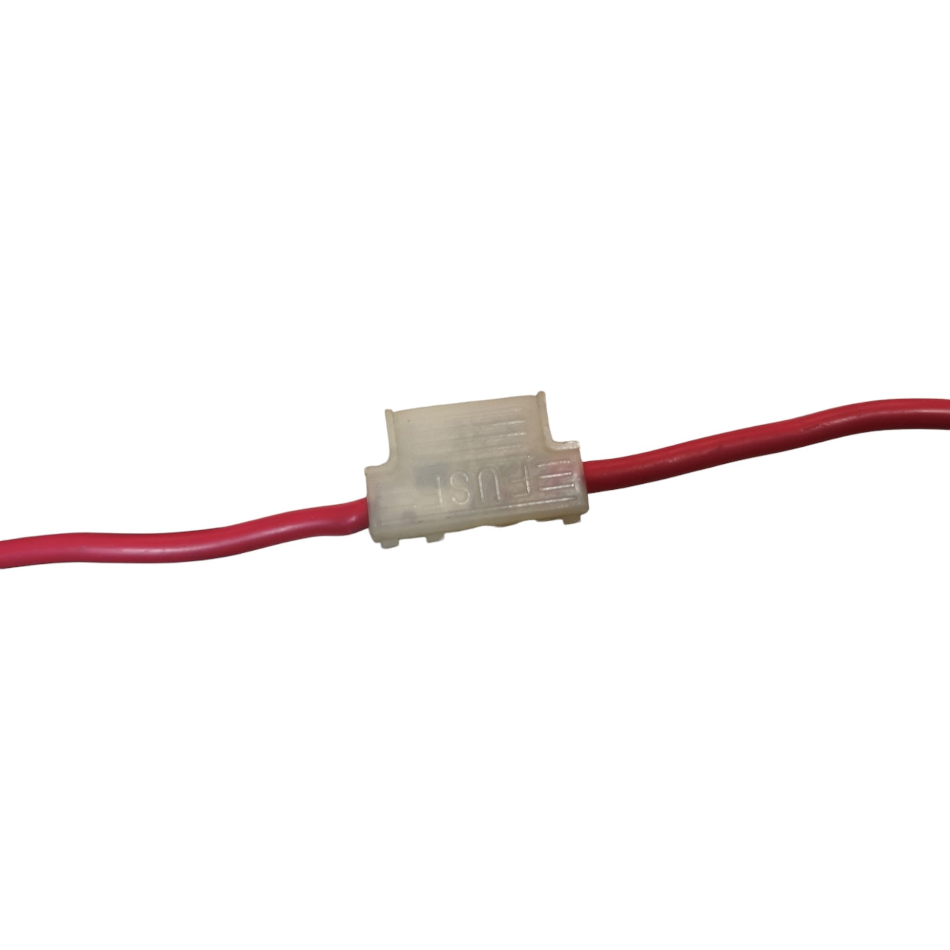 A red wire with a translucent white plastic connector on a solid white background.