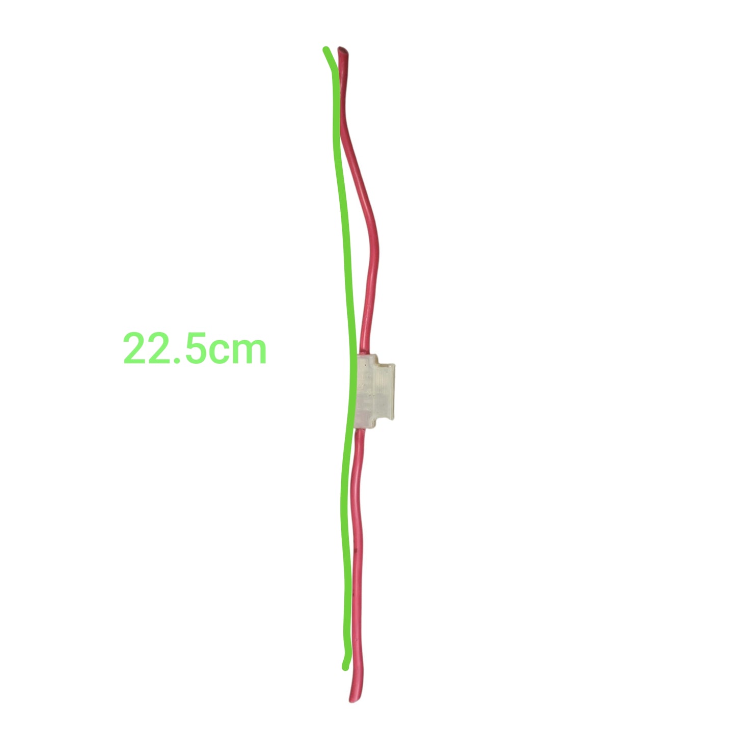 A long, narrow electrical wire assembly with red and green leads and a small white connector at the base, shown on a plain white background with green text reading 22.5cm.