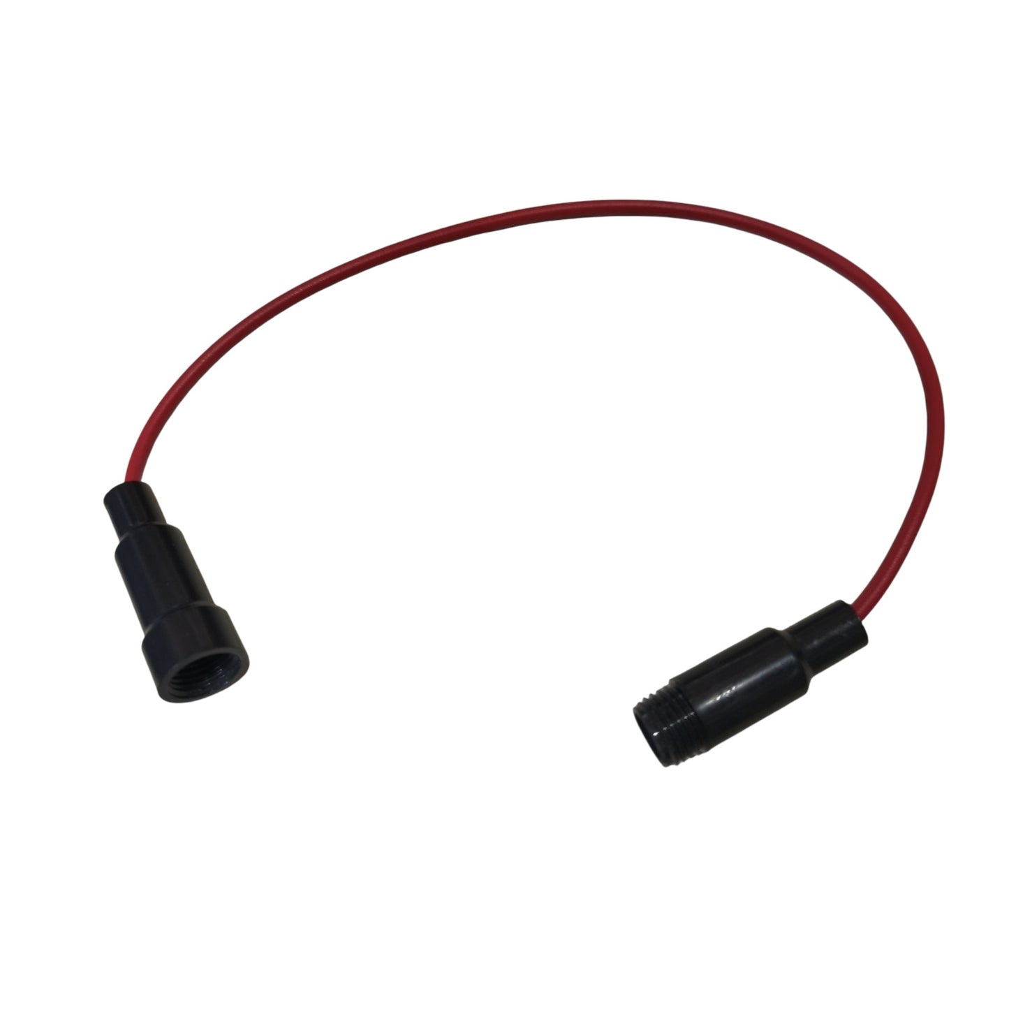 A small red cable with two black connector ends, photographed on a plain white background.