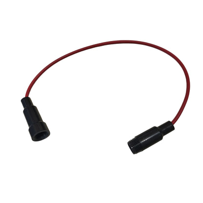 A small red cable with two black connector ends, photographed on a plain white background.