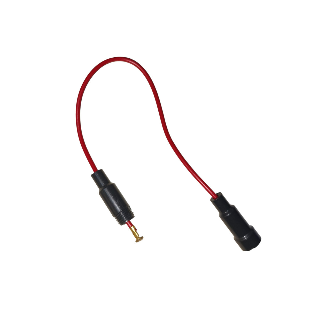 A red wire connector cable with black plastic plugs, one of which has a small gold metal tip exposed, shown on a plain white background.