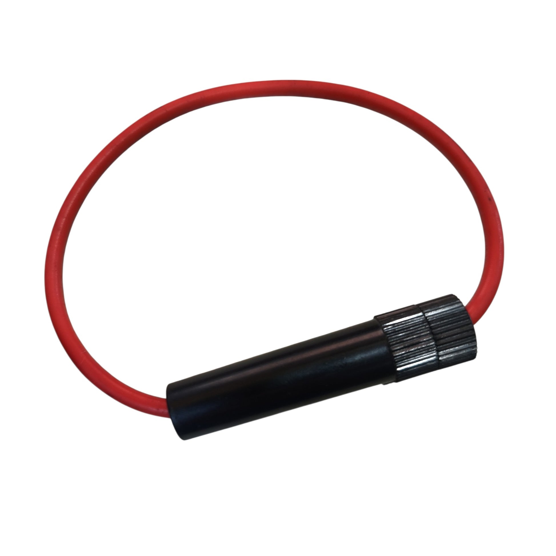A red looped cable or hose with a black cylindrical connector and a ribbed metal end, shown on a plain white background.