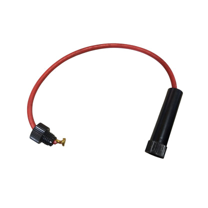 A red insulated wire connector cable with a black threaded male connector on one end and a black cylindrical sleeve on the other, shown on a plain white background.