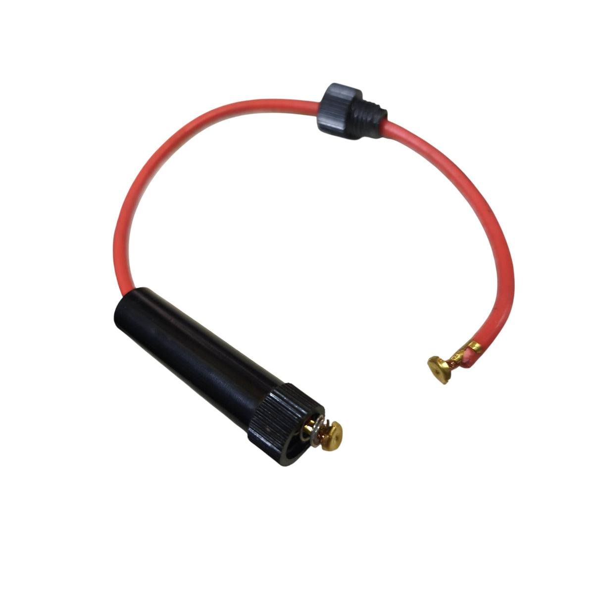A red insulated wire lead with a black cylindrical connector and brass screw terminal, shown on a plain white background.