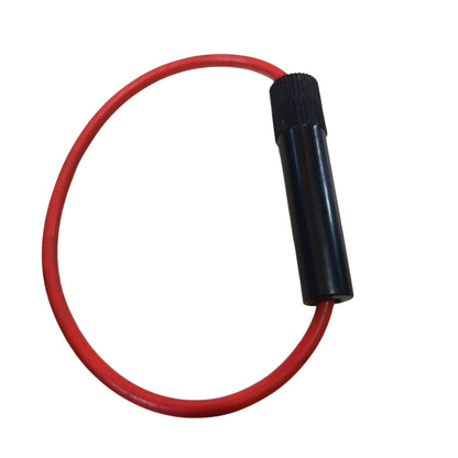 A red cable loop with a black cylindrical connector, isolated on a white background.