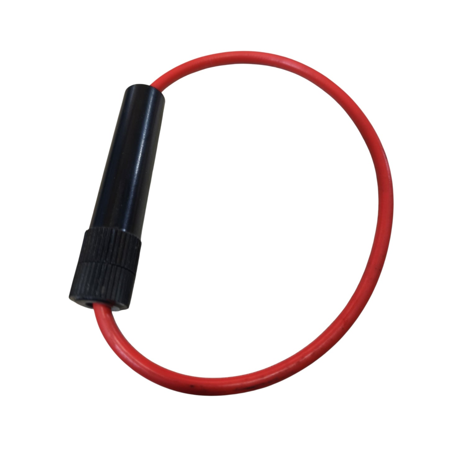 A red circular loop with a black cylindrical connector at one end, shown on a plain white background.
