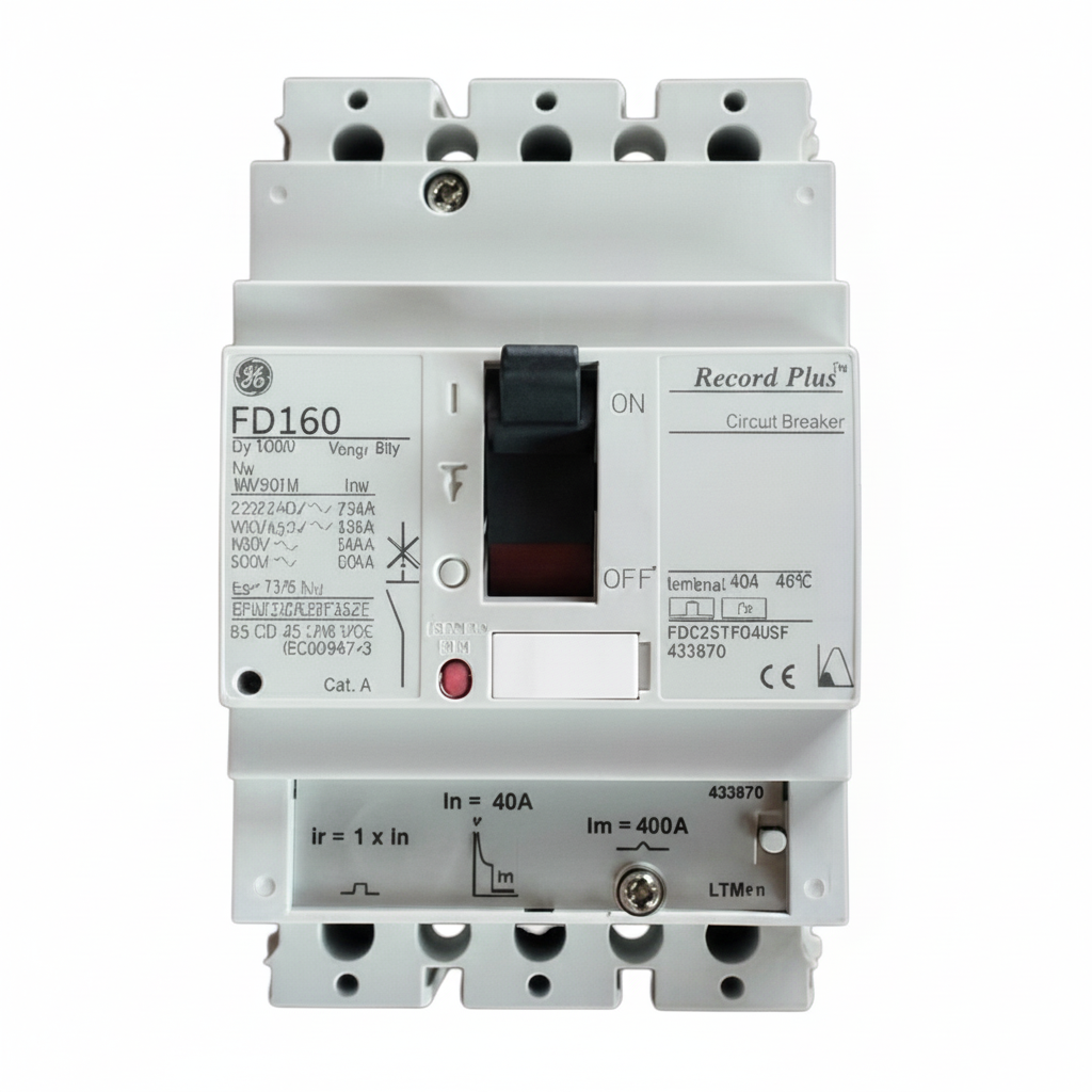 GE Record Plus circuit breaker on a white background GE 40A 3Pole 25KAIC 220V MCCB Industrial Circuit Breaker FD160 Electx Electrical Supply