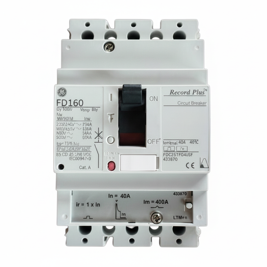 GE Record Plus circuit breaker on a white background GE 40A 3Pole 25KAIC 220V MCCB Industrial Circuit Breaker FD160 Electx Electrical Supply