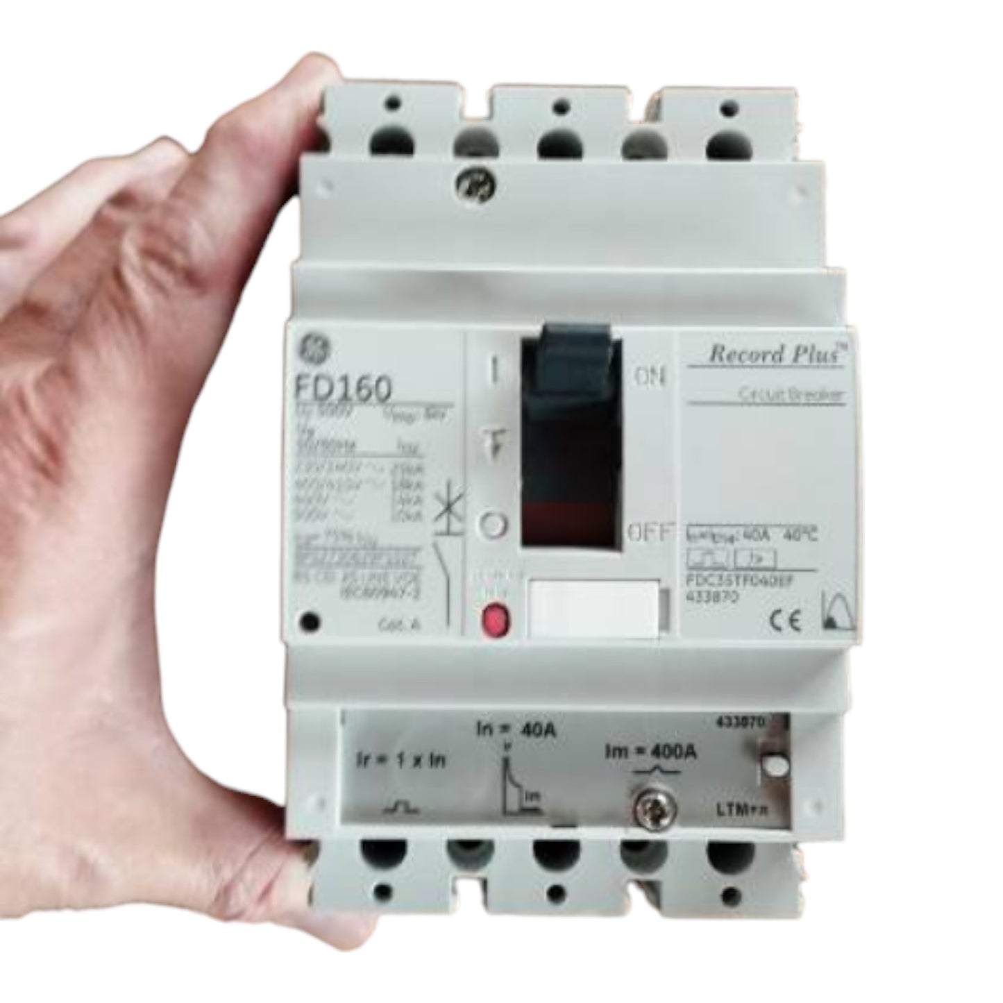 Hand holding a electrical contactor labeled 'Record Plus' with specifications on a white background GE 40A 3Pole 25KAIC 220V MCCB Industrial Circuit Breaker FD160 Electx Electrical Supply