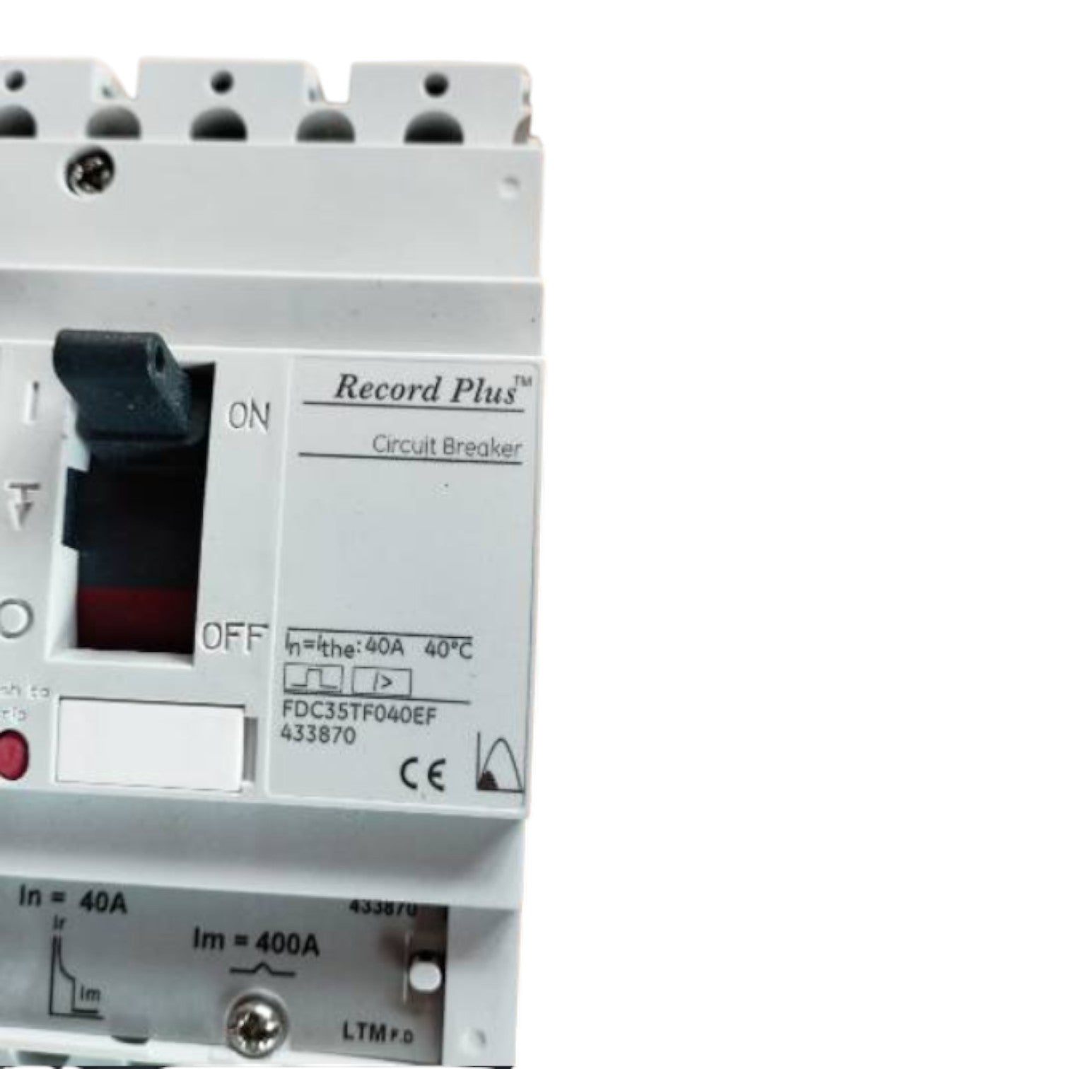 Circuit breaker labeled 'Record Plus' on a white background GE 40A 3Pole 25KAIC 220V MCCB Industrial Circuit Breaker FD160 Electx Electrical Supply