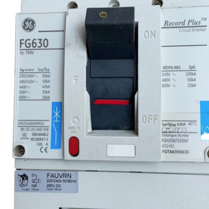 Electrical circuit breaker with GE branding and model number FG630. GE 500A 3Pole 85KAIC 220V MCCB Industrial Circuit Breaker FG630 Record Plus FGNDA3500NF