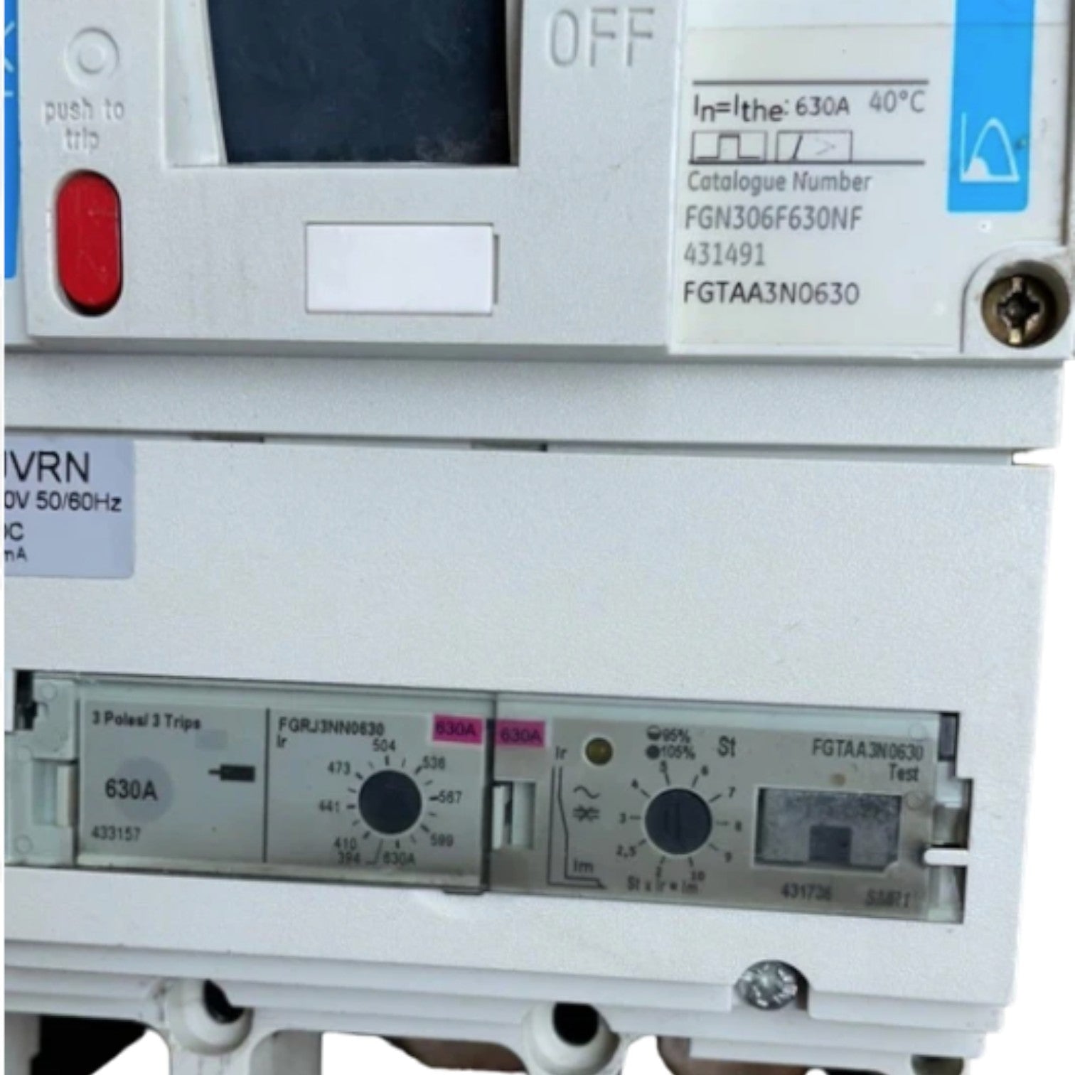 Electrical panel with various meters and labels on a white background GE 630A 3Pole 85KAIC 220V MCCB Industrial Circuit Breaker FG630 Record Plus FGNDA3630NF Electx Electrical SUpply