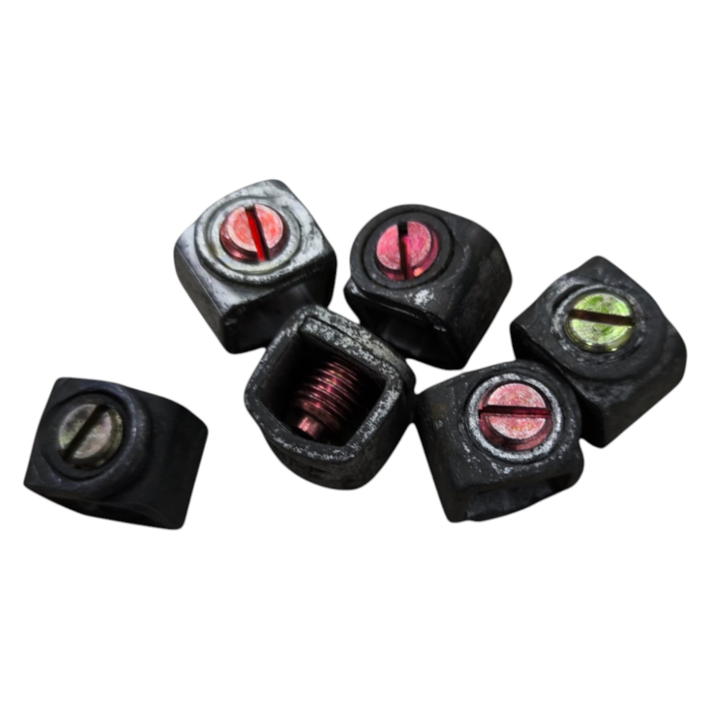 Set of six black dice with colored faces on a white background