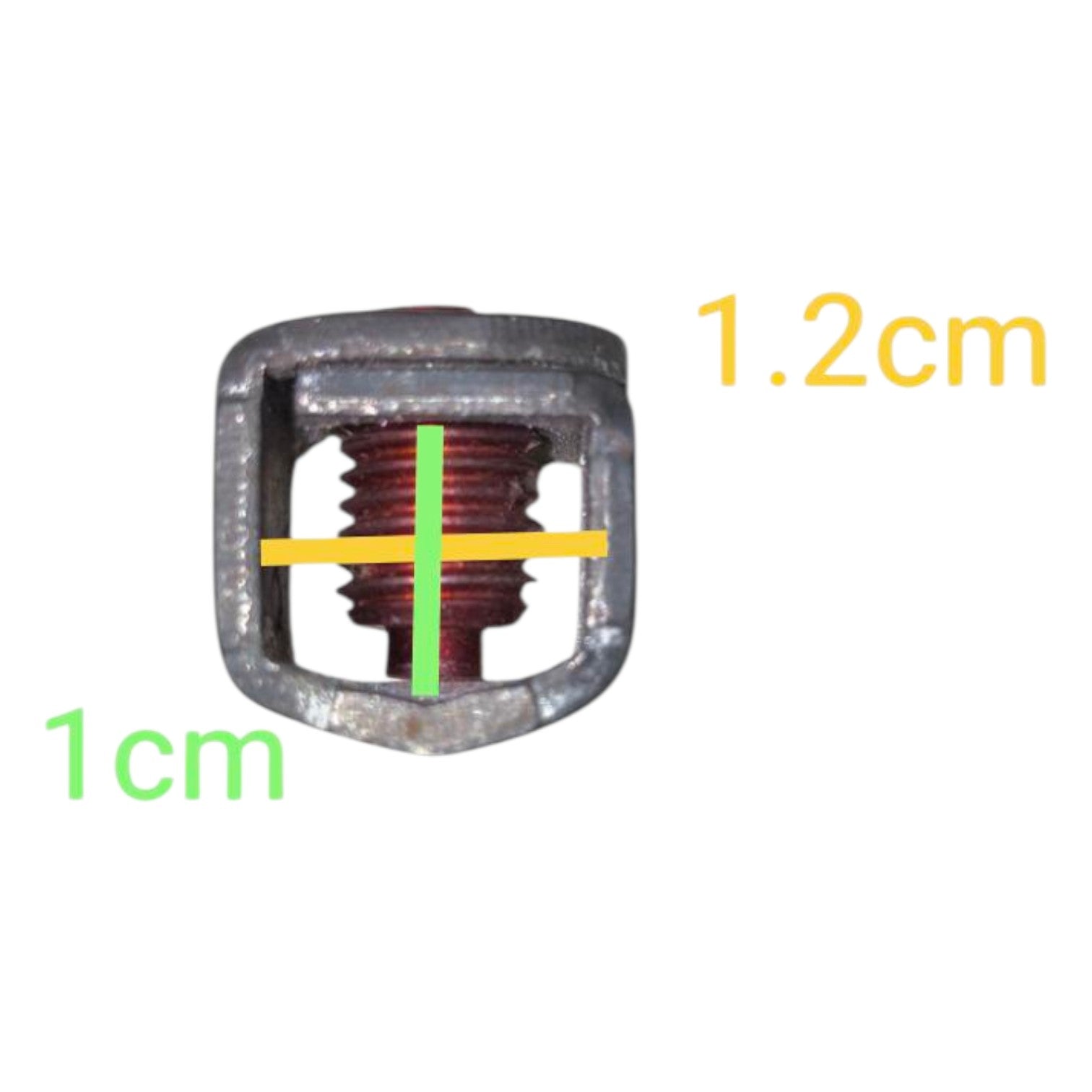 Metal clip with dimensions labeled on a white background