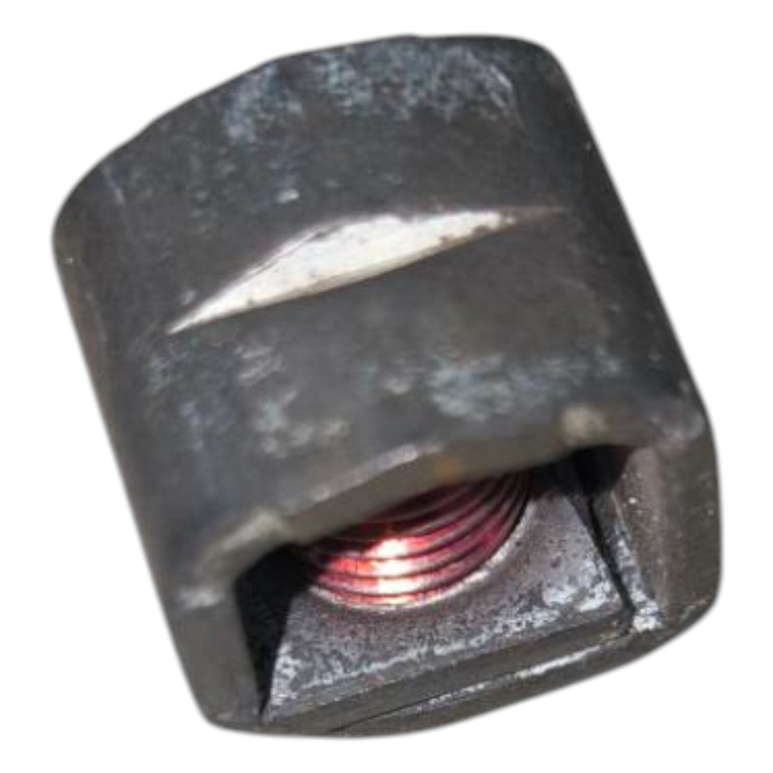 Metal fitting with threaded end on a white background