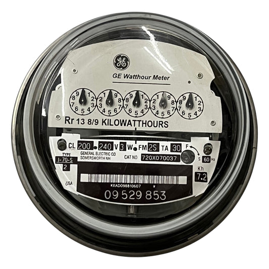GE I-70-S FM2S KWH Meter Analog Type 3 Wire Single Phase CL200 I70S 4 Jaws 240V 60Hz