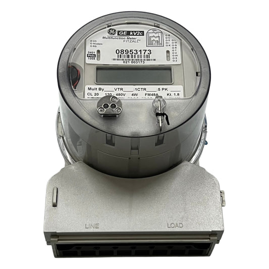 GE electric meter on a white background GE or Aclara KV2C FM48A KWH Electric Meter CT Rated 3 Phase 4 Wire CL20 TA2.5 60Hz 120V- 480VAC