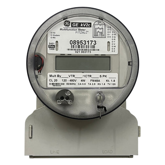 GE multifunction meter on a white background GE or Aclara KV2C FM48A KWH Electric Meter CT Rated 3 Phase 4 Wire CL20 TA2.5 60Hz 120V- 480VAC