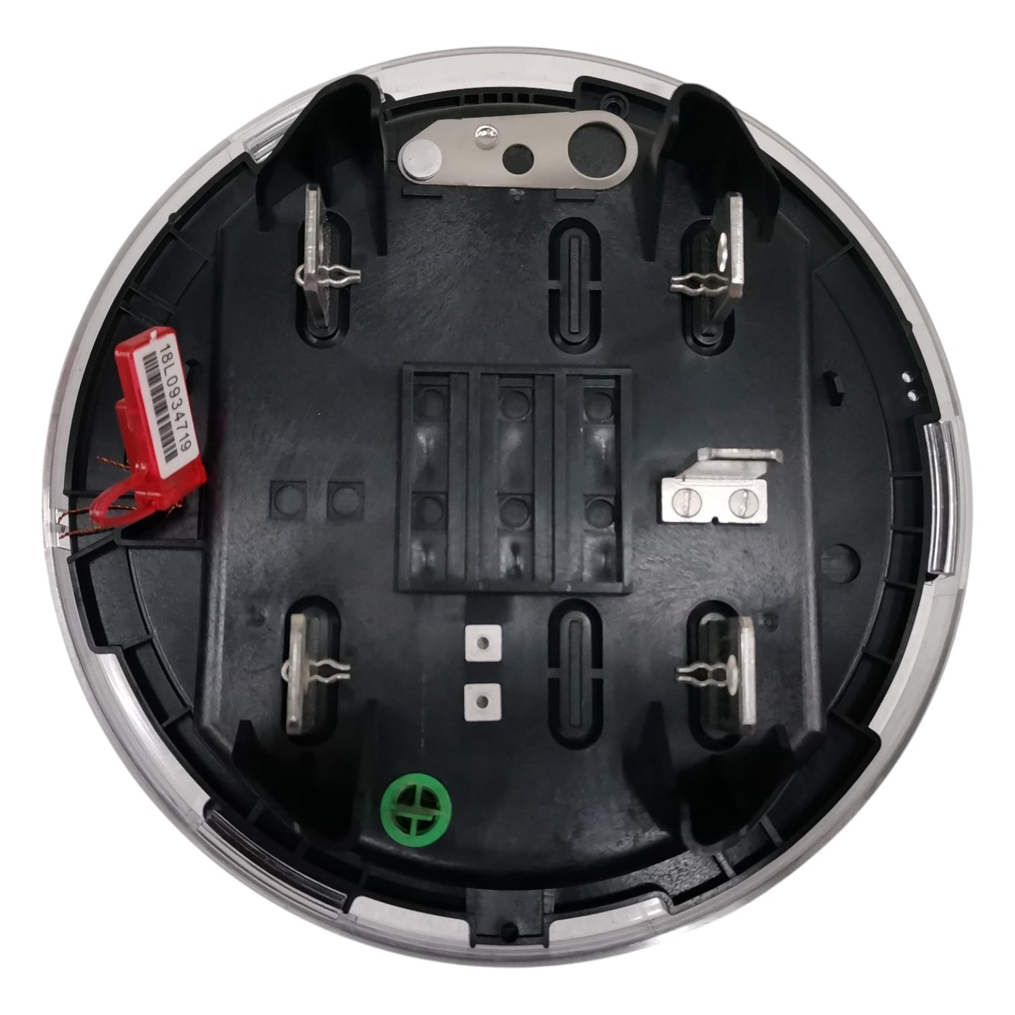 Close-up of a round electronic component with visible wiring and connectors on a white background
