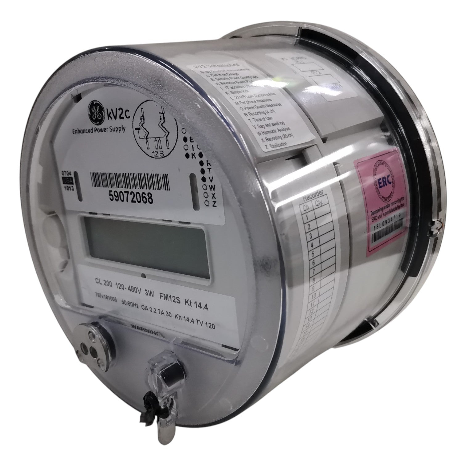 Electrical meter with labels and branding on a white background GE or Alcara KV2C FM12S KWH Meter 200A 3 Phase 3 Wire 120V to 480VAC 5 Jaws Electx Electrical Supply