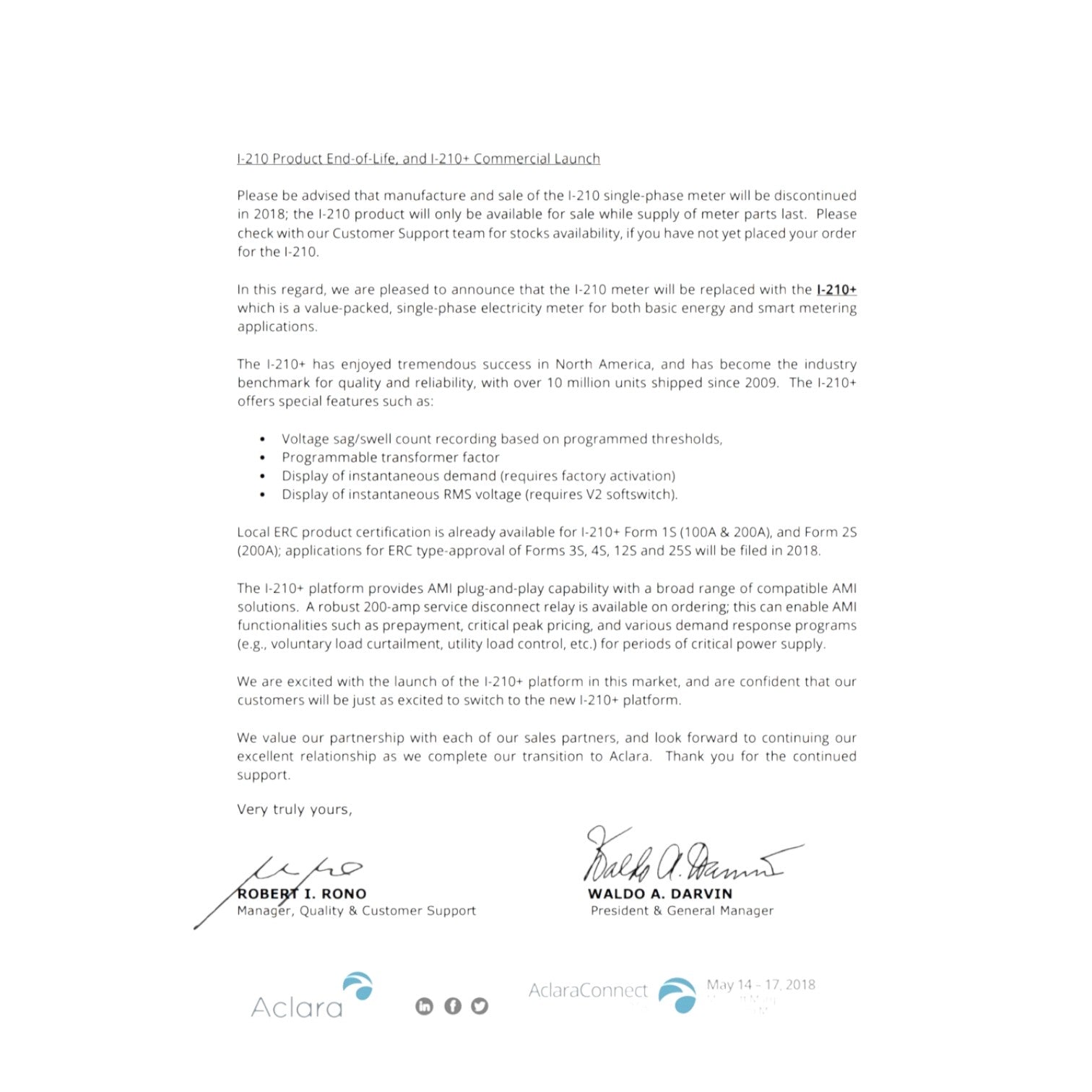 A formal letter of discontinuation and replacement announcement for the Aclaro 1-210 product line, dated May 14, 2018. The document features a blue header at the top reading 'Aclaro Product Life End of Life - 1-210/Commercial Launch' and includes printed and handwritten signatures from Robbert I.