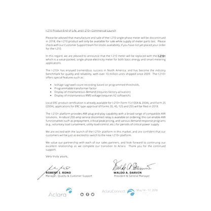 A formal letter of discontinuation and replacement announcement for the Aclaro 1-210 product line, dated May 14, 2018. The document features a blue header at the top reading 'Aclaro Product Life End of Life - 1-210/Commercial Launch' and includes printed and handwritten signatures from Robbert I.