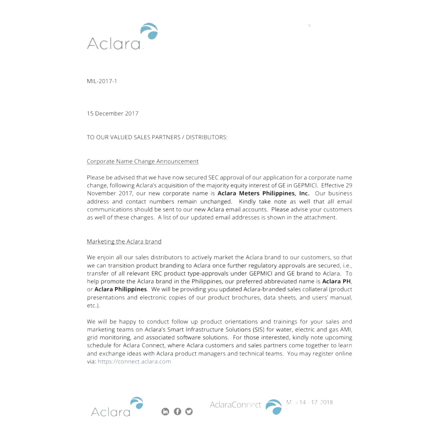 A scanned document page showing the Aclara name change announcement dated 15 December 2017, with text sections, a logo at the top, and footer company details on a white page.
