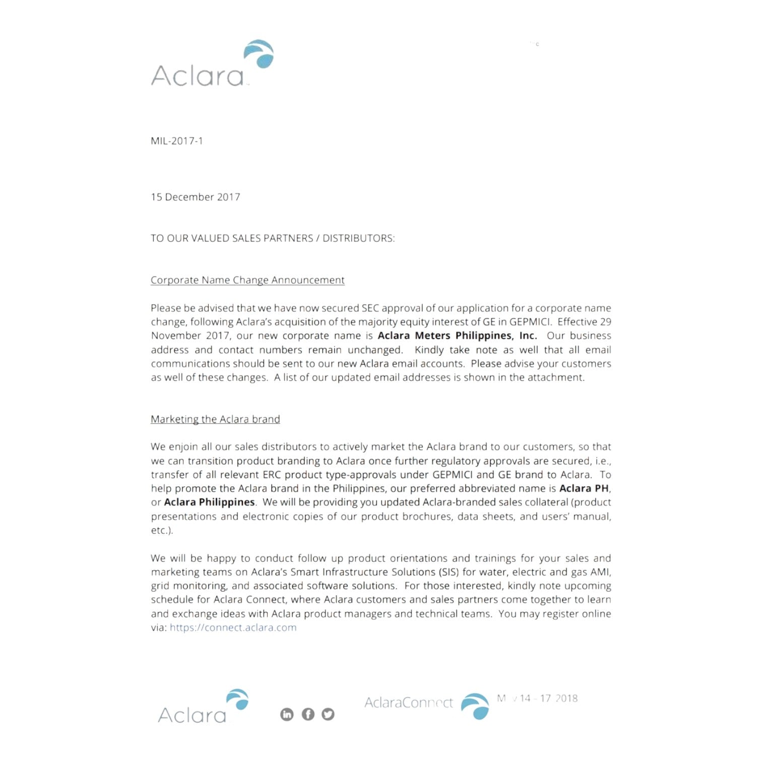 A scanned document page showing the Aclara name change announcement dated 15 December 2017, with text sections, a logo at the top, and footer company details on a white page.