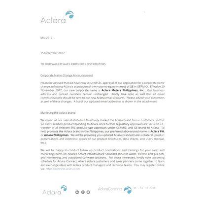 A scanned document page showing the Aclara name change announcement dated 15 December 2017, with text sections, a logo at the top, and footer company details on a white page.