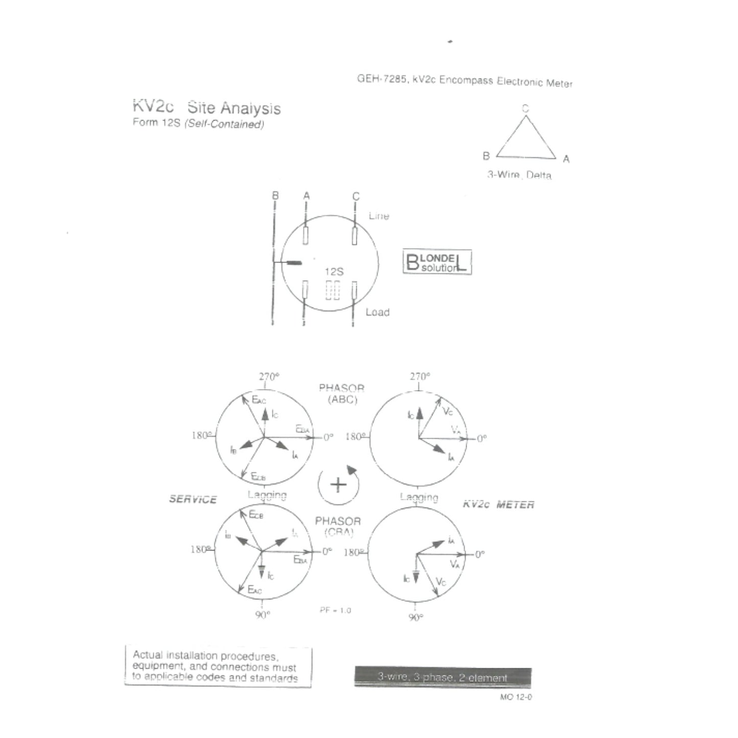 A technical schematic page titled 'KV2c Site Analysis Form 125 (Self-Contained)' showing wiring diagrams, phase diagrams, and connection instructions for an electronic meter or instrument, with small labeled diagrams and text on a white page.