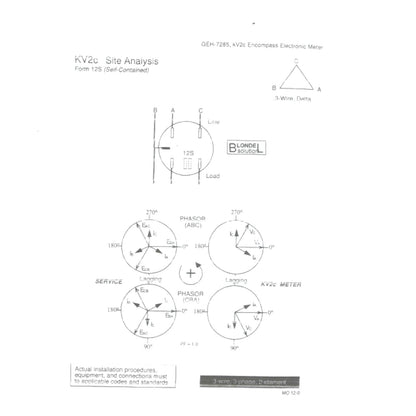 A technical schematic page titled 'KV2c Site Analysis Form 125 (Self-Contained)' showing wiring diagrams, phase diagrams, and connection instructions for an electronic meter or instrument, with small labeled diagrams and text on a white page.