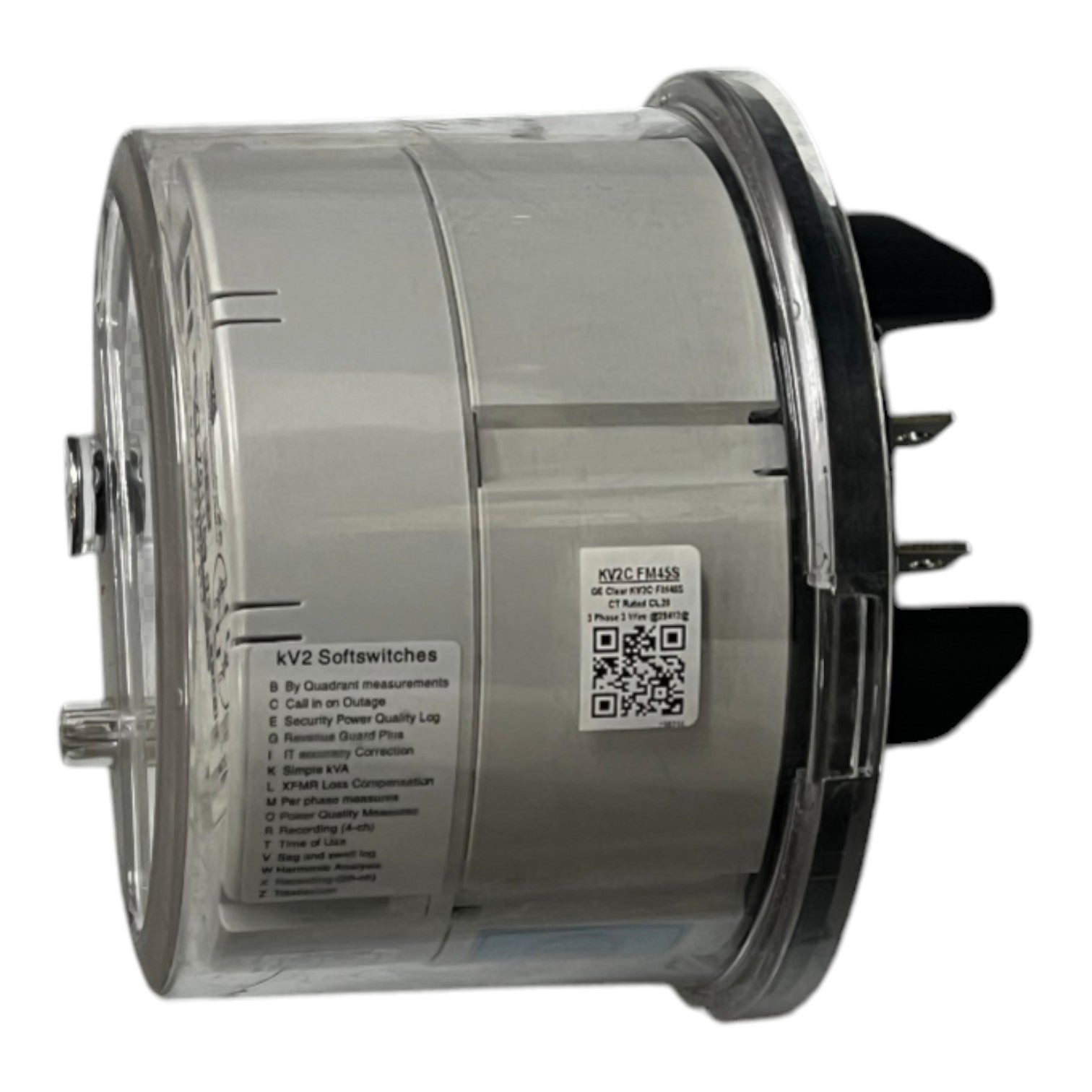 A cylindrical industrial electrical component, specifically a KV2 Softwitches circuit breaker module, featuring a clear plastic housing, a silver metal body, black plastic terminal covers, and printed technical labels.