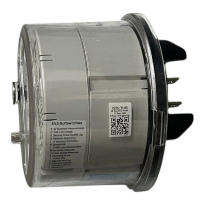 A cylindrical industrial electrical component, specifically a KV2 Softwitches circuit breaker module, featuring a clear plastic housing, a silver metal body, black plastic terminal covers, and printed technical labels.