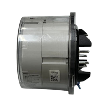 A cylindrical industrial electronic module or motor component with a clear outer casing, silver inner body, black terminal housing, and printed labels, shown on a plain white background.