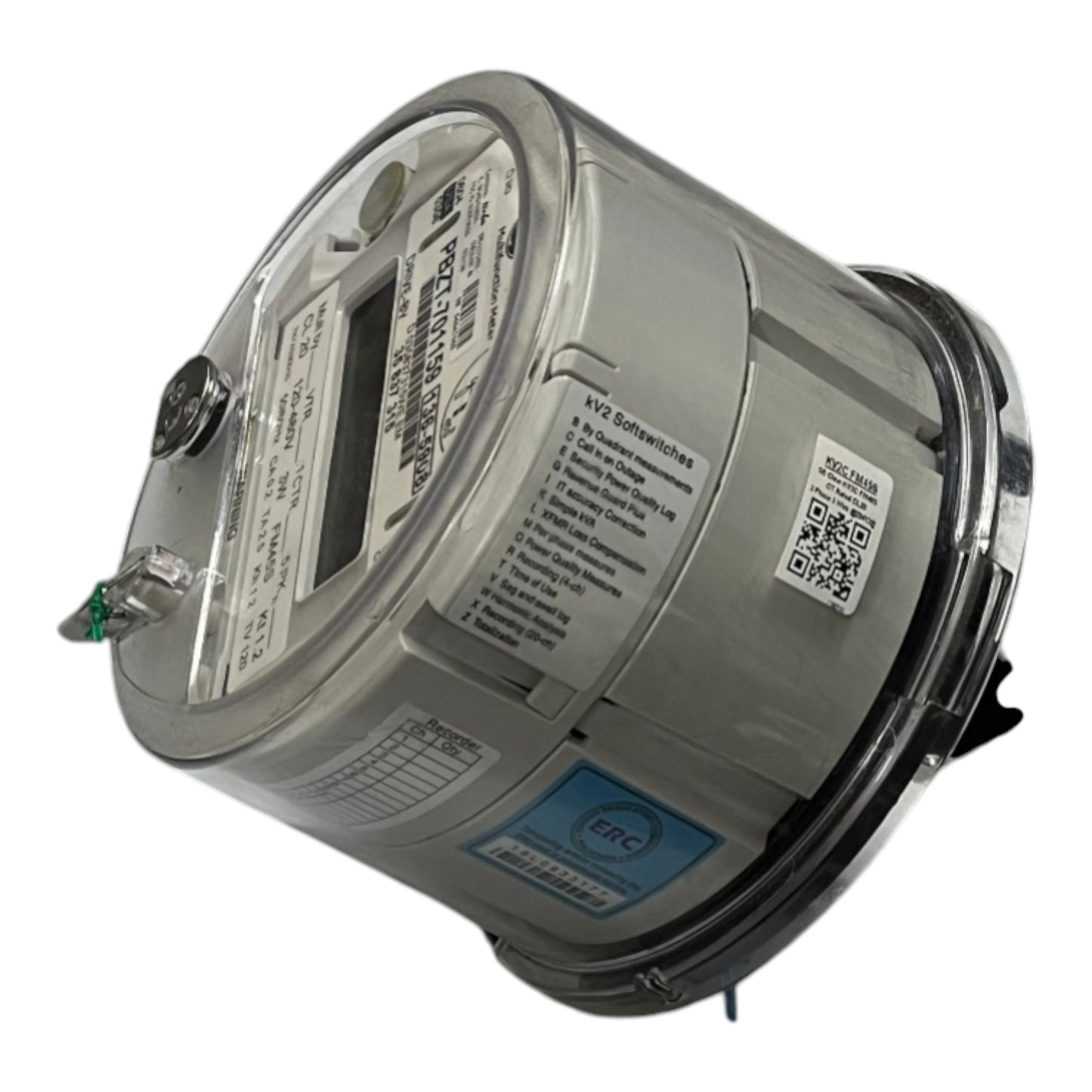 A digital electricity meter with a transparent protective cover, showing internal components and labels, isolated on a white background.