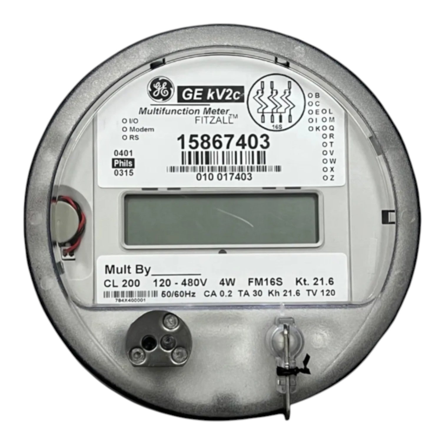 A GE multifunction meter (model FITZAL) with a digital display screen, featuring a metallic gray outer casing and a white label with technical specifications.