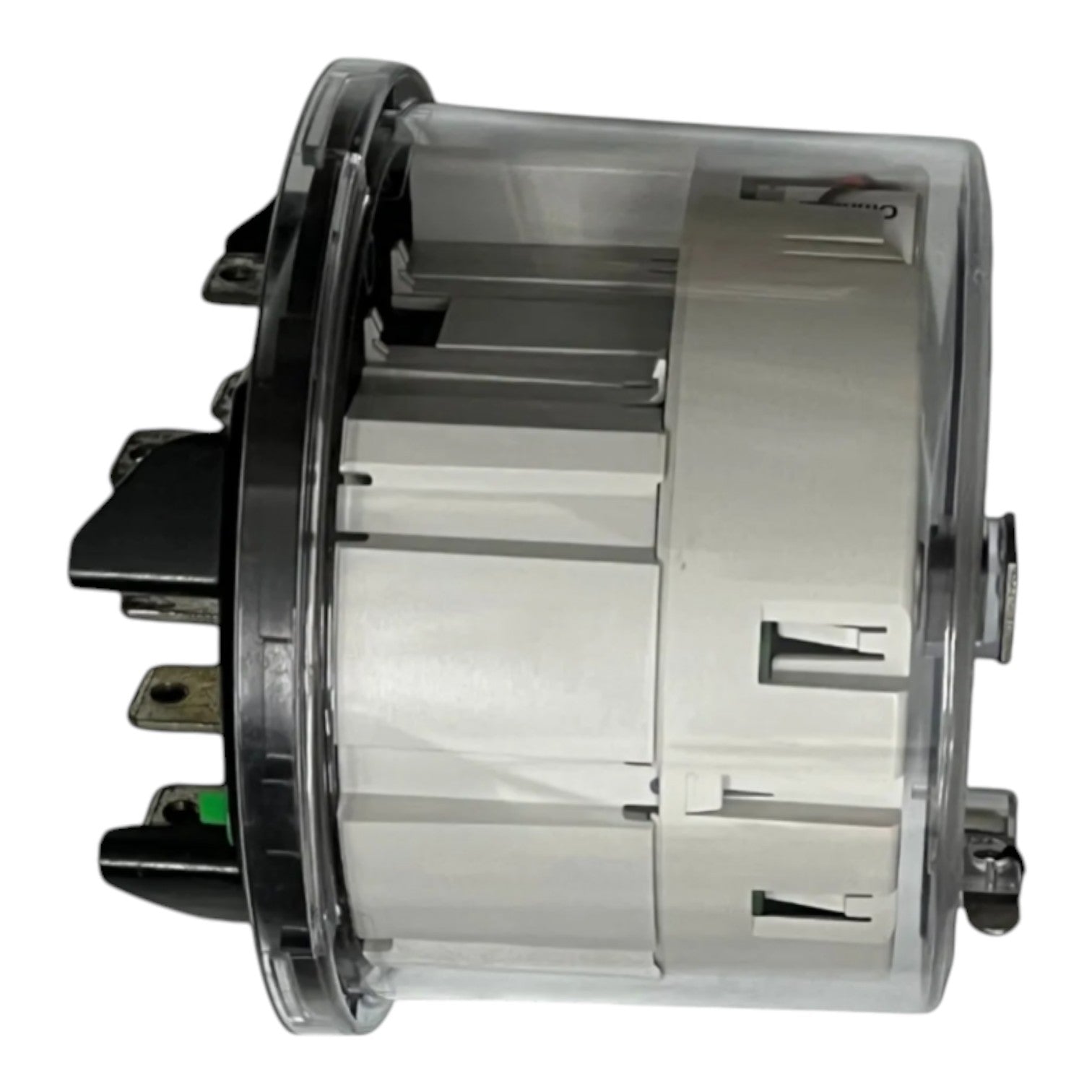 A cylindrical plastic component with a clear outer shell, white inner body sections, and black terminal hardware on the side, photographed on a plain white background.