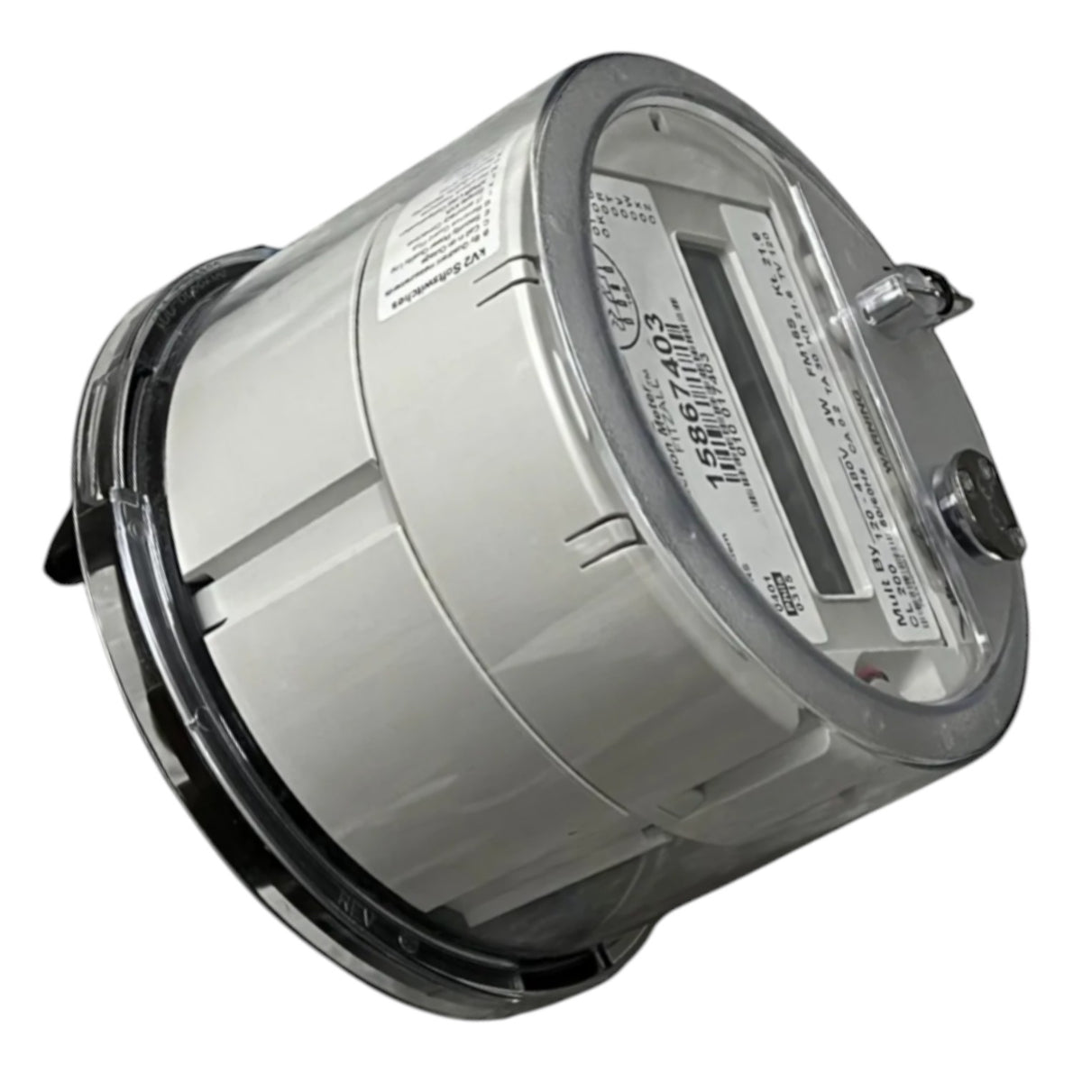 A gray plastic cylindrical utility meter with a clear cover showing printed labels and a digital display window, photographed on a plain white background.