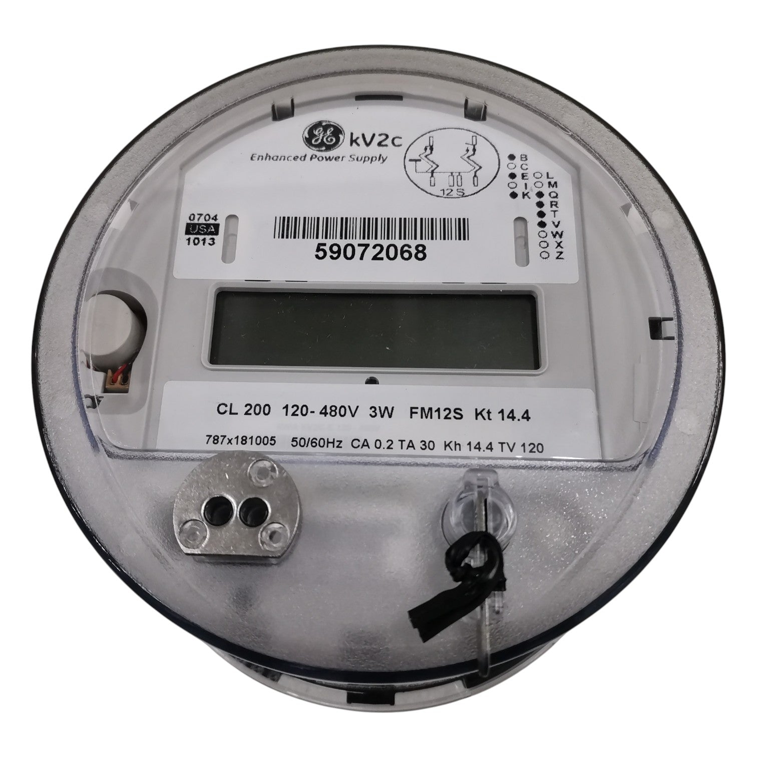 Electric meter with GE branding on a white background GE or Alcara KV2C FM12S KWH Meter 200A 3 Phase 3 Wire 120V to 480VAC 5 Jaws Electx Electrical Supply